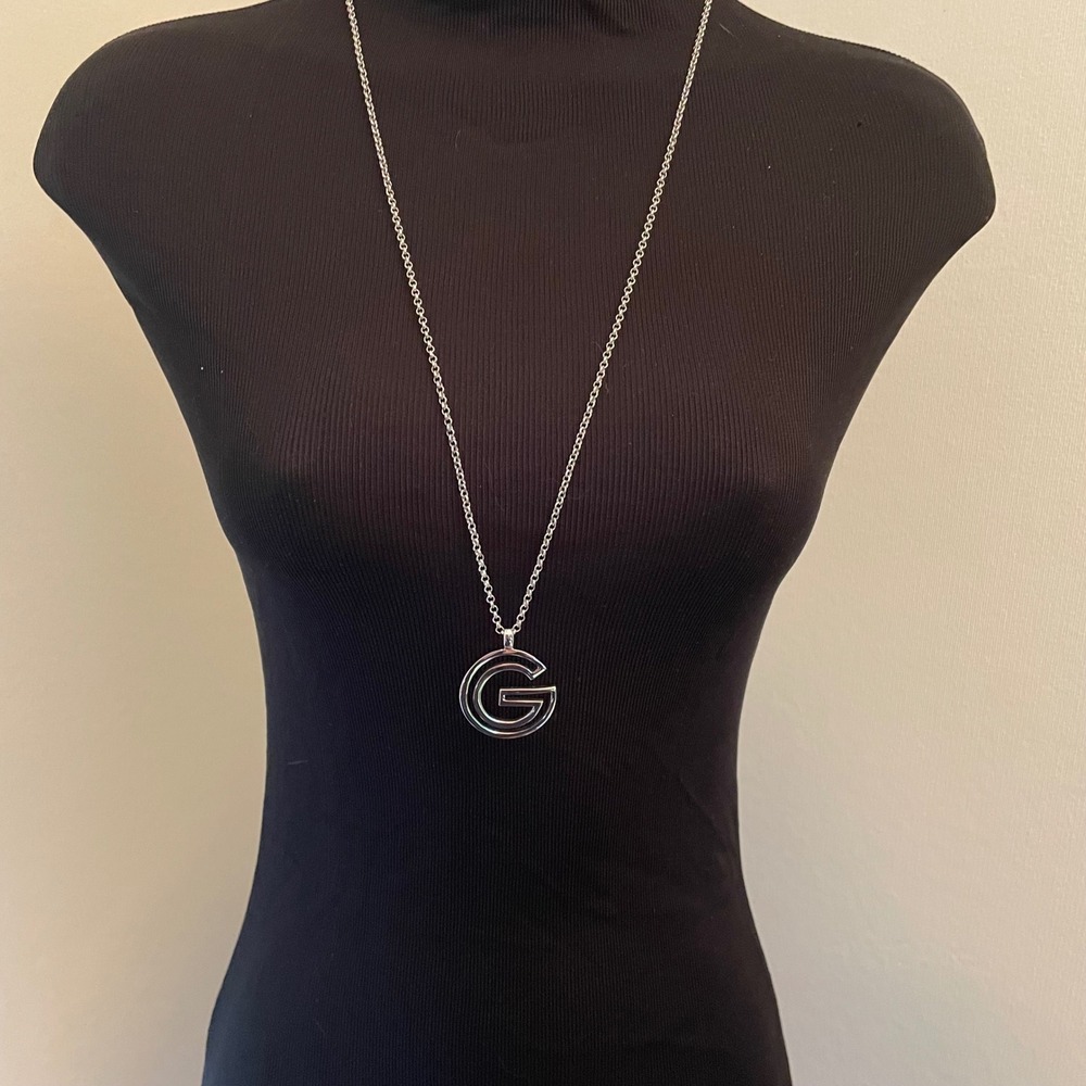 Guess Silver‎ Tone G Logo Pendant Rolo Chain Necklace Long Statement Jewelry Y2K